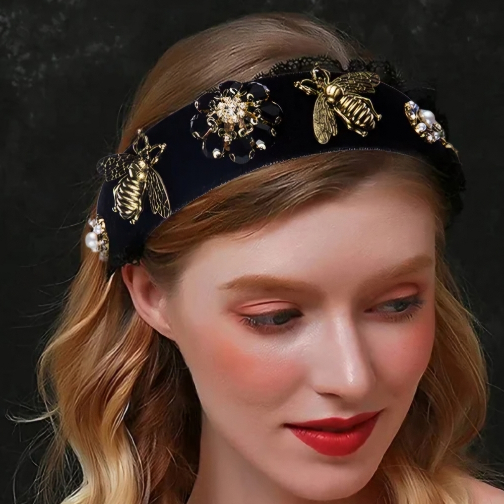 Elegant Black Headband with Metal Bee & Jewel Embellished Decor NWOT
